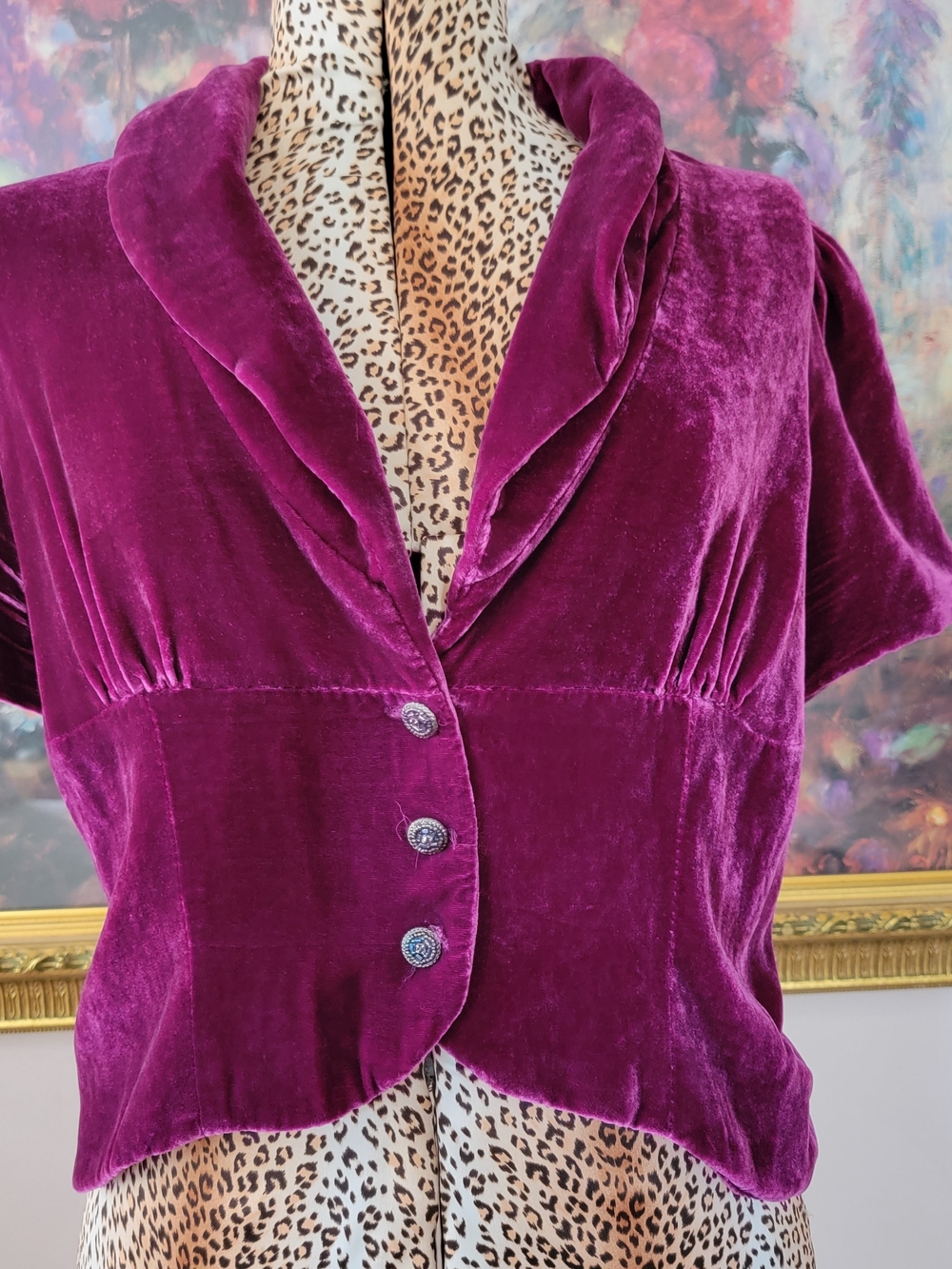 Vintage Raspberry Magenta Velvet Short Sleeve Blazer